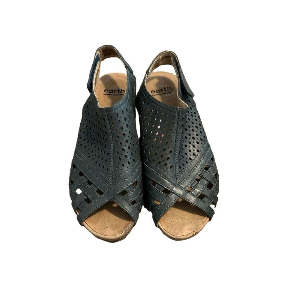 Earth Wedge Sandals Women 8‎ Blue Perforated Slingback Comfortable Casual Summer